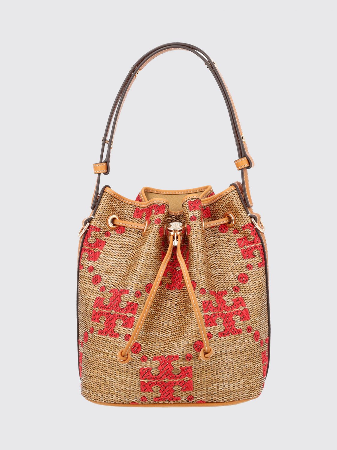 TORY BURCH Mini borsa a secchiello T Monogram in rafia con logo jacquard