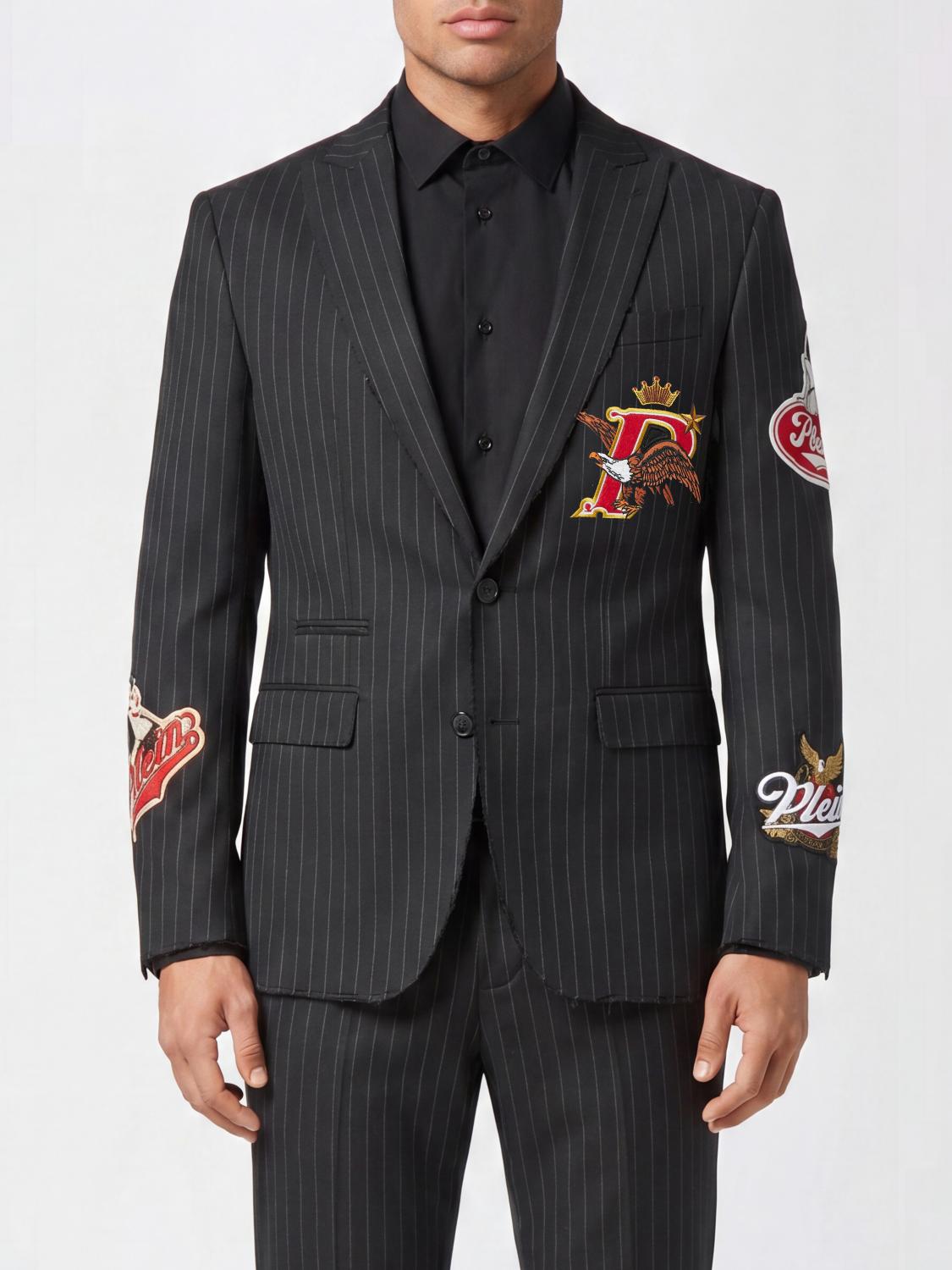 PHILIPP PLEIN Blazer monopetto in lana gessata con rever a lancia