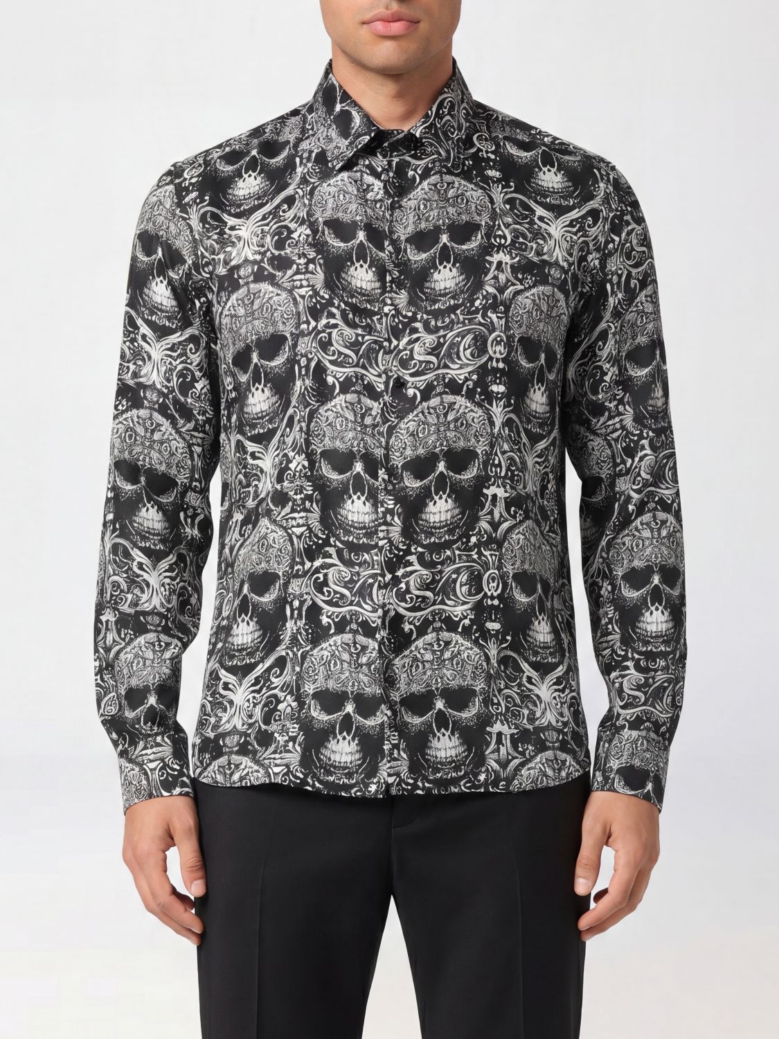PHILIPP PLEIN Camicia slim fit in seta con stampa Skull grafica all-over