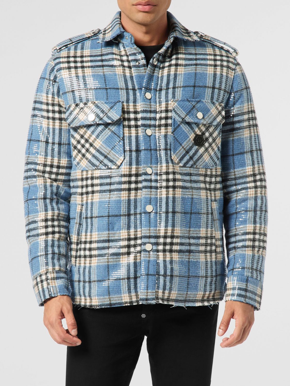 PHILIPP PLEIN Giacca a camicia Destroyed Tartan a quadri con paillettes