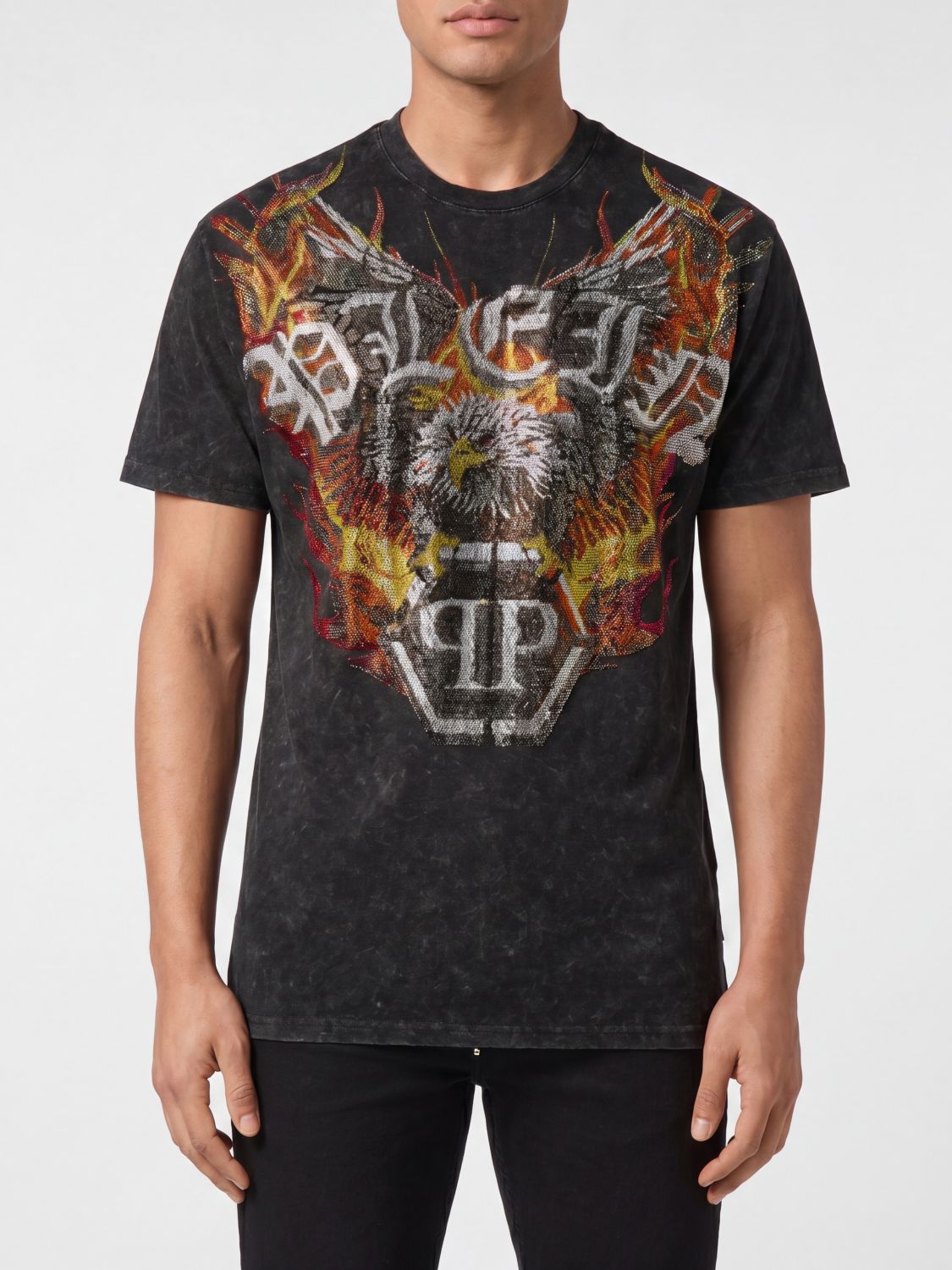 PHILIPP PLEIN Cotton T-shirt with Graffiti Print and Rhinestone Logo