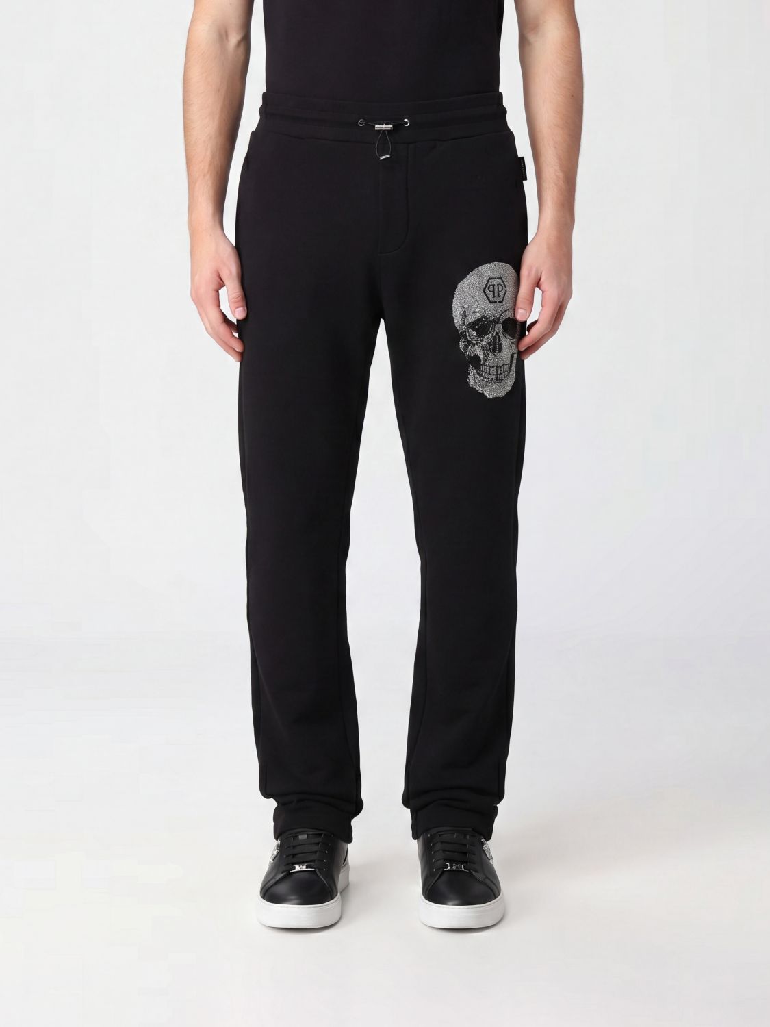 PHILIPP PLEIN Jersey Jogging Trousers with Skull Print and Rhinestone Logo