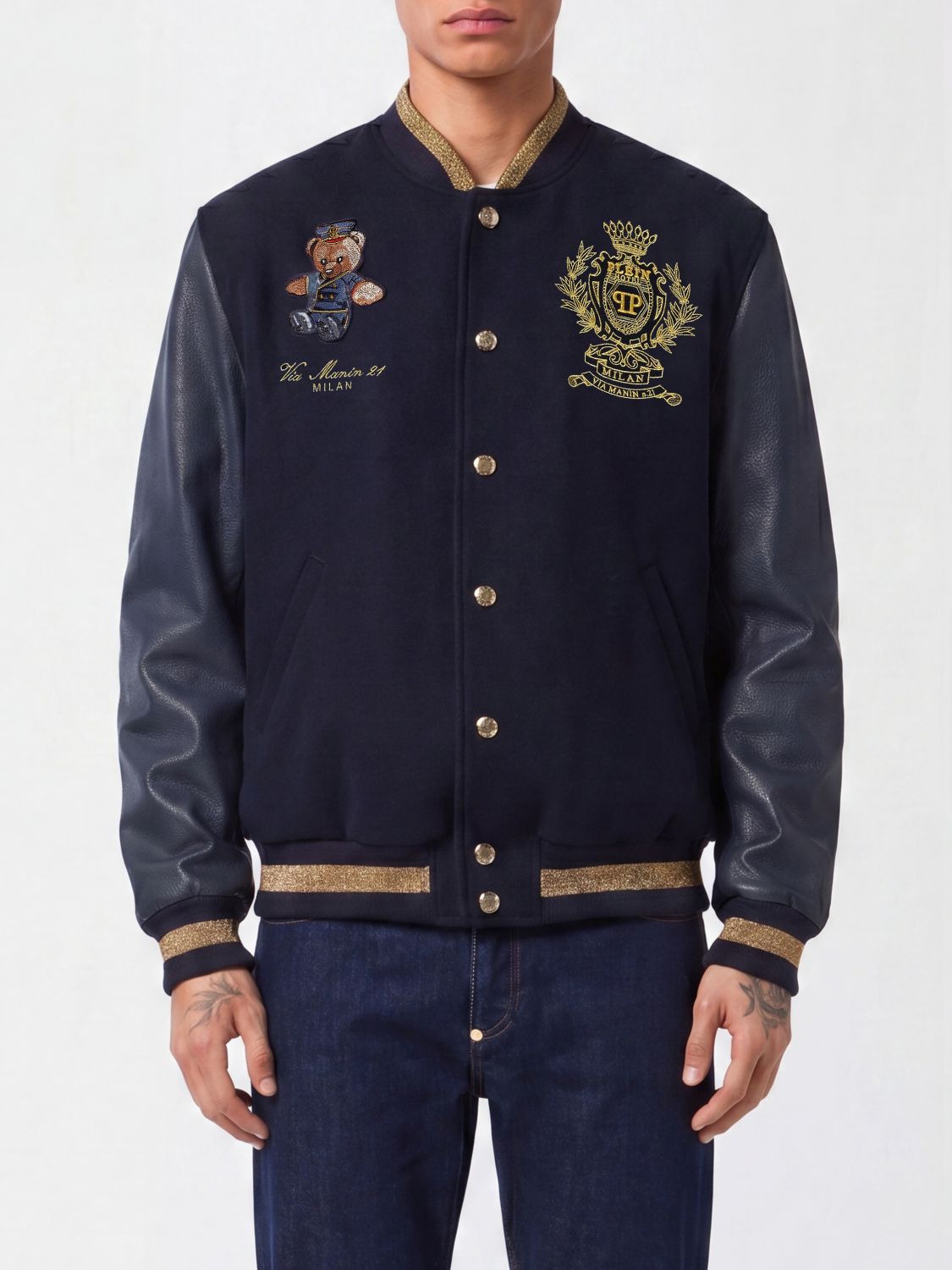 PHILIPP PLEIN Wool Varsity Bomber with Leather Sleeves and Teddy Bear Patch