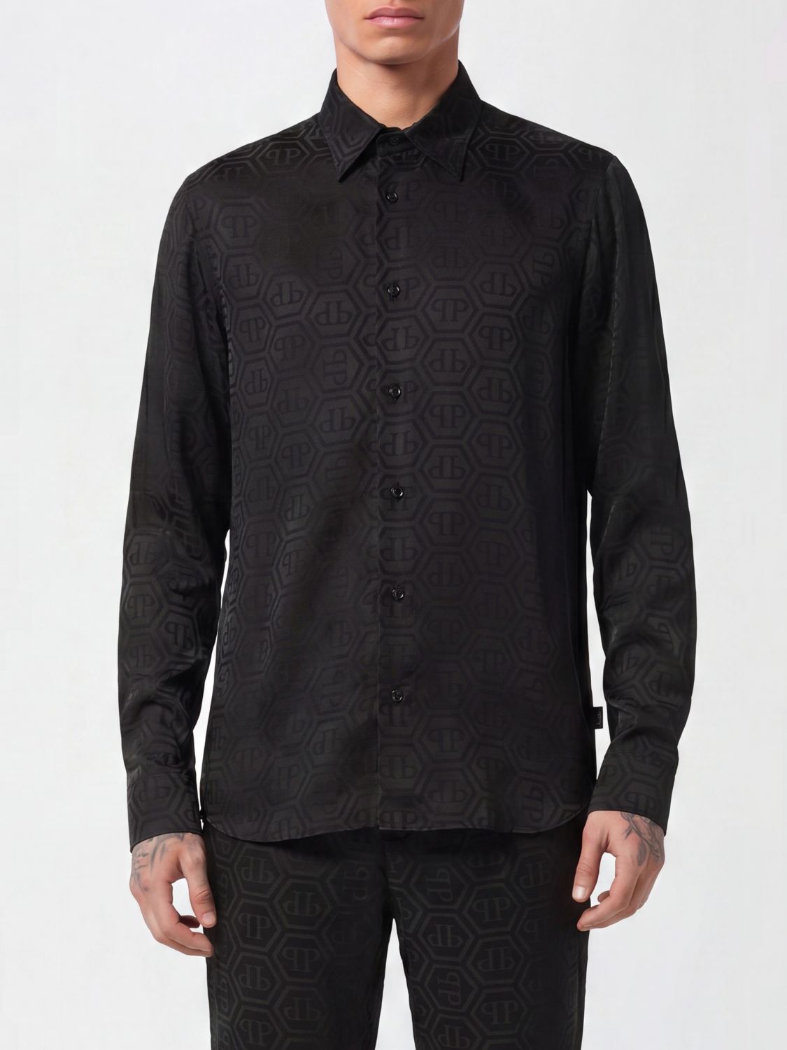 PHILIPP PLEIN Camicia Sugar Daddy slim fit in seta con monogramma Hexagon