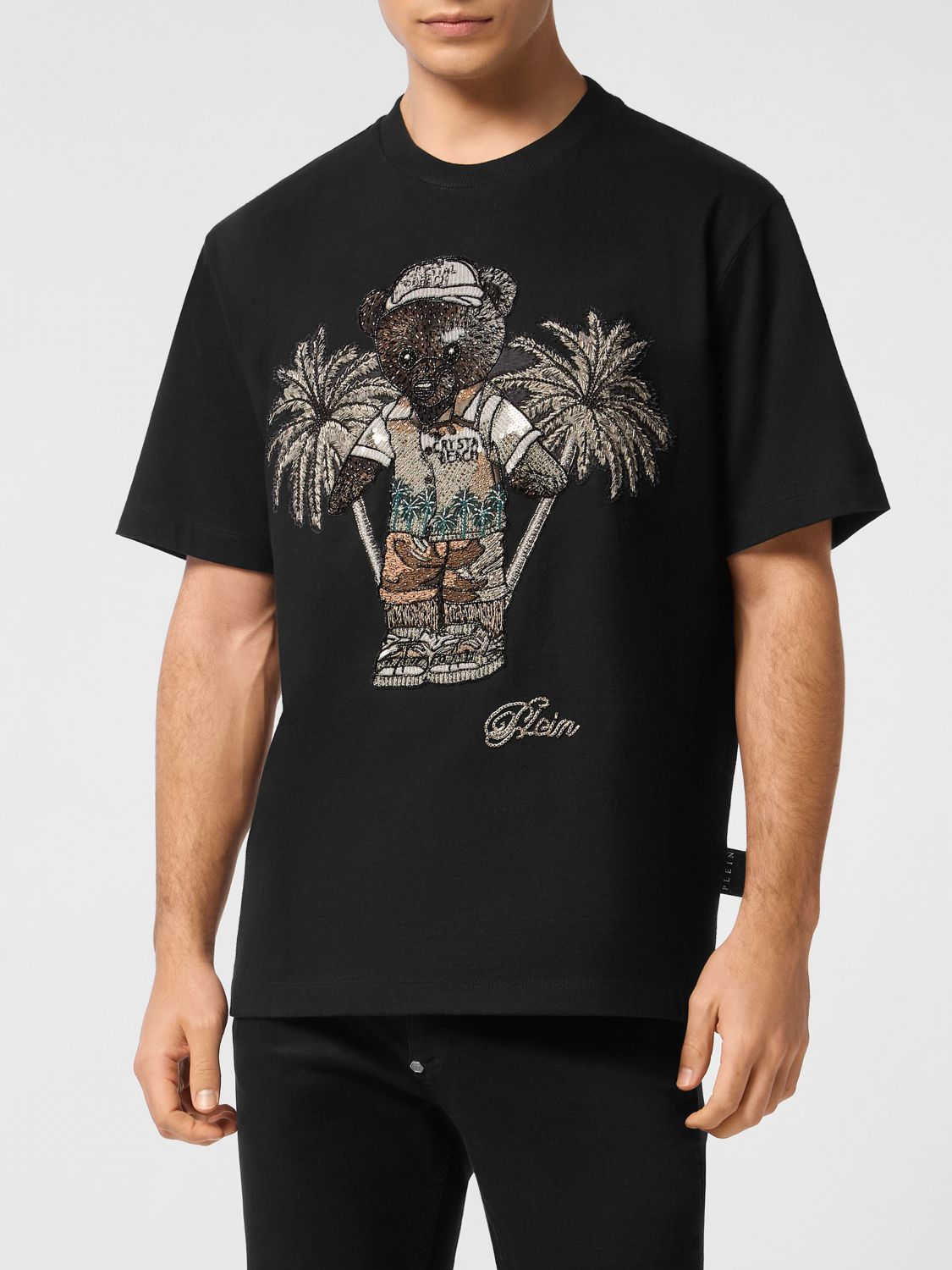 PHILIPP PLEIN Cotton T-shirt with Teddy Bear Print and Rhinestone Details