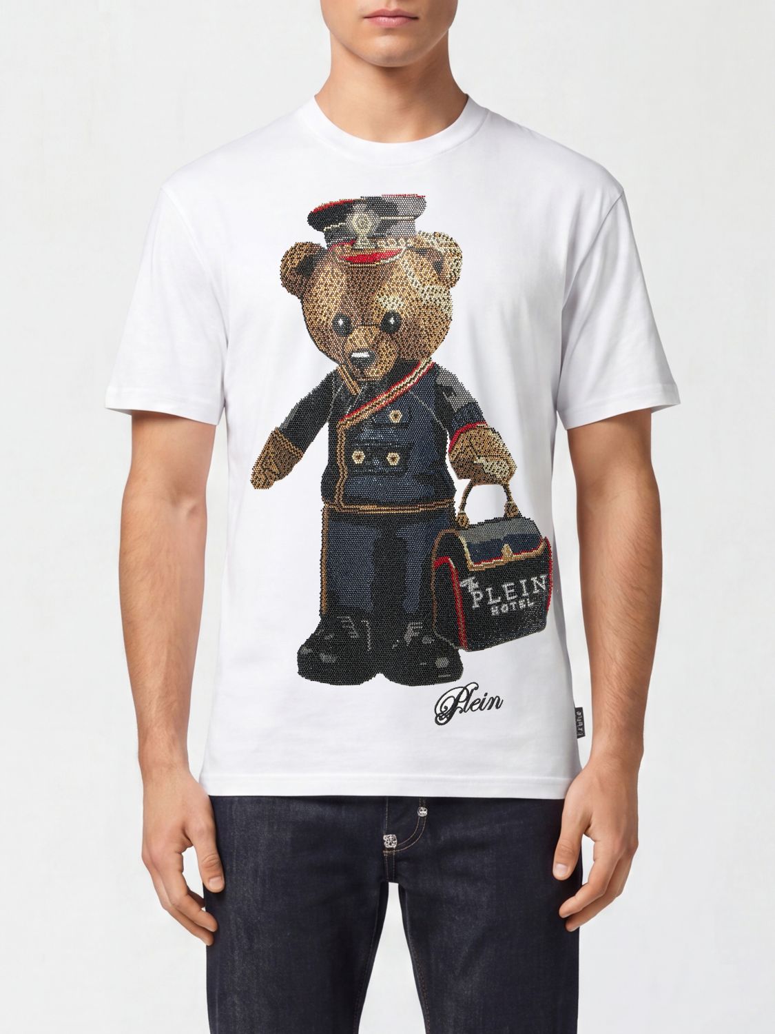PHILIPP PLEIN Cotton T-shirt with Teddy Bear Print and Rhinestone Logo