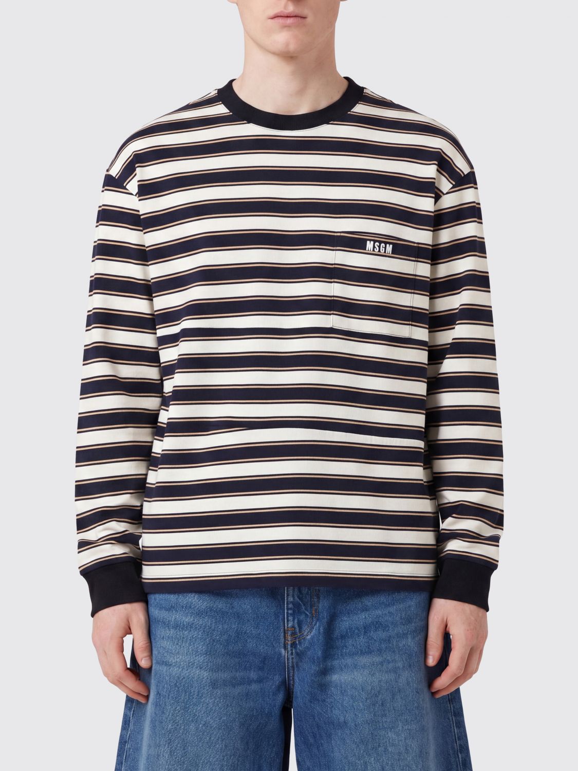 MSGM Striped Long-Sleeved Cotton T-Shirt with Crew Neck　MSGM ストライプ 長袖 コットン T シャツ クルーネック MSGM
