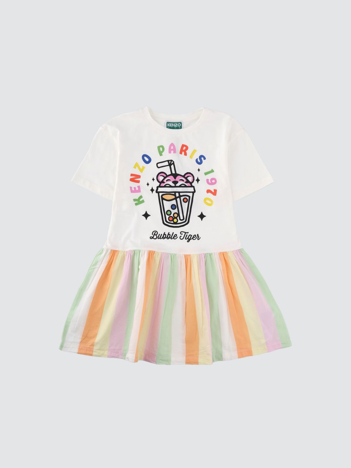 KENZO Girls' Multicolour Striped Cotton T-shirt Mini Dress　KENZO ガールズ マルチカラー ストライプ コットン T シャツ ミニ ドレス KENZO