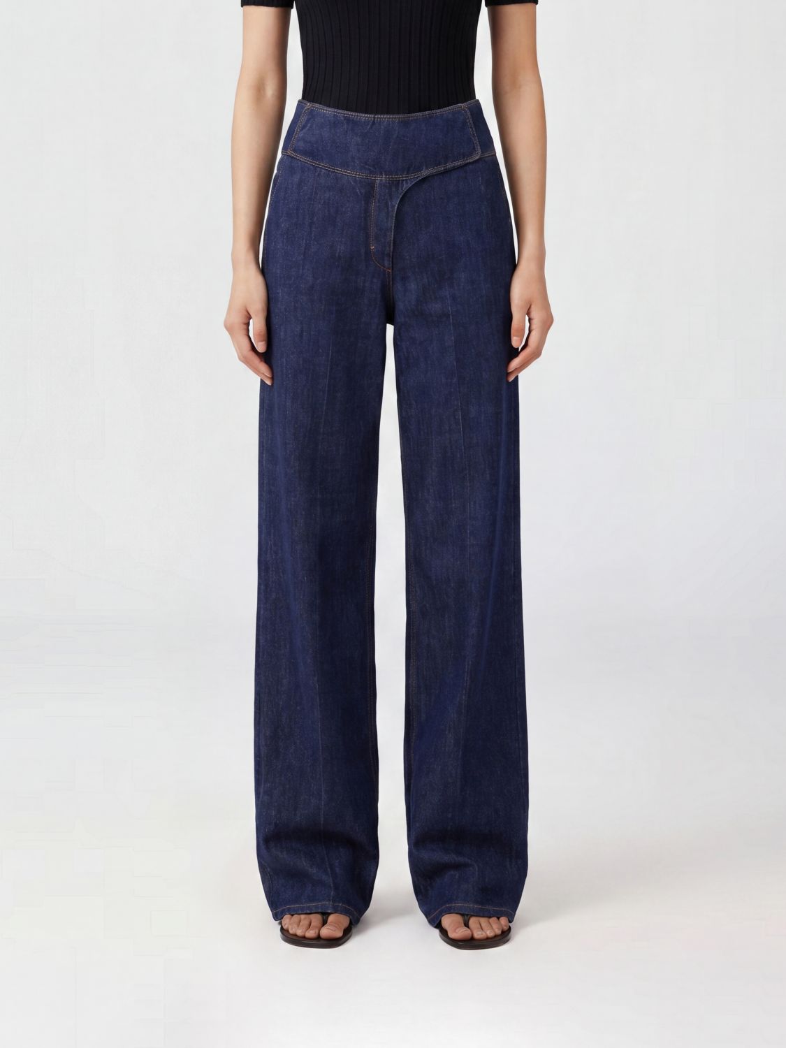 AMI PARIS Jeans baggy a vita media in denim di cotone con cuciture a contrasto
