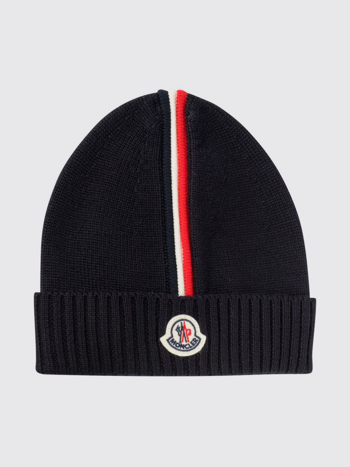 MONCLER Boys' Bicolour Striped Wool Beanie with Logo Patch　MONCLER ボーイズ バイカラー ストライプ ウール ビーニー ロゴ パッチ付き MONCLER