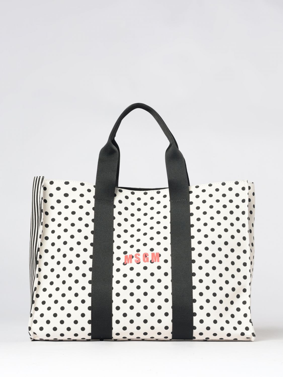 MSGM Polka-Dot and Striped Canvas Tote Bag with Contrasting Logo Print　MSGM ポルカドットとストライプのキャンバス トートバッグ コントラストロゴプリント MSGM
