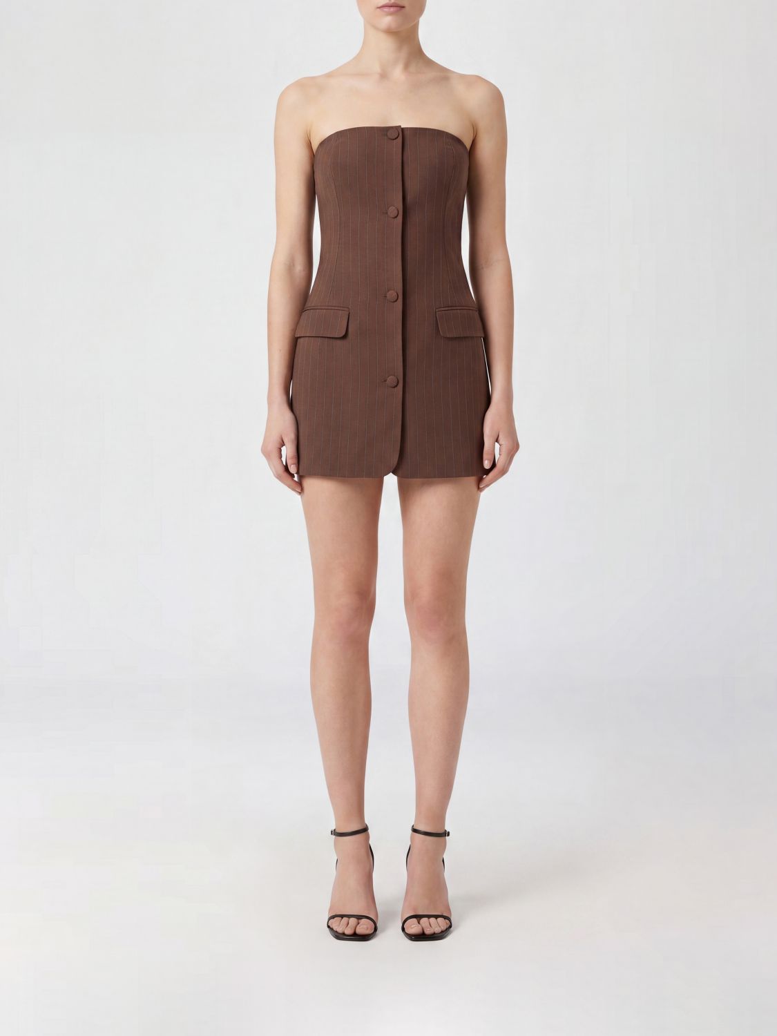 JEAN PAUL GAULTIER Pinstripe Wool Off-the-Shoulder Mini Sheath Dress