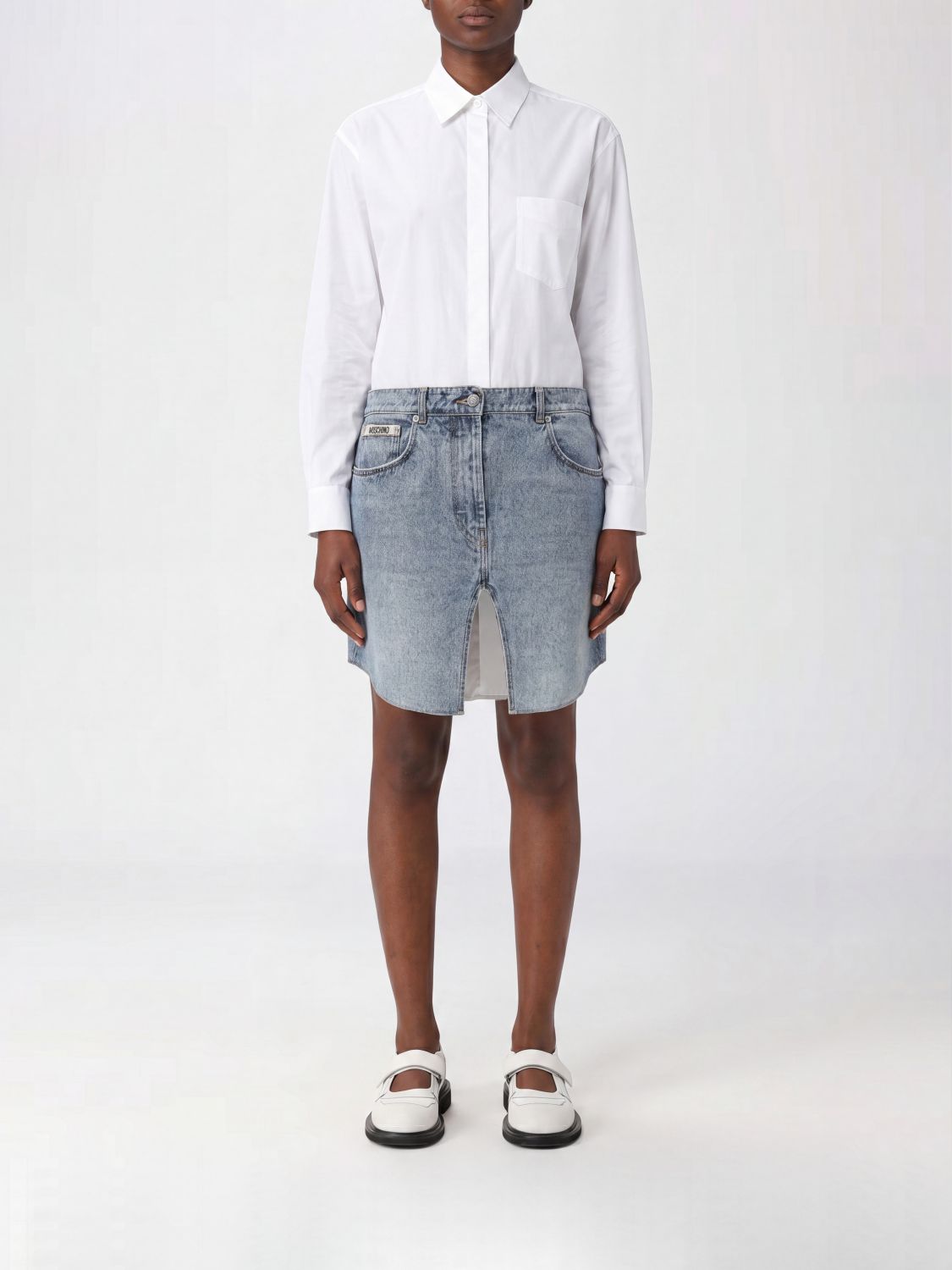 MOSCHINO COUTURE Mini abito chemisier in denim bicolore a maniche lunghe