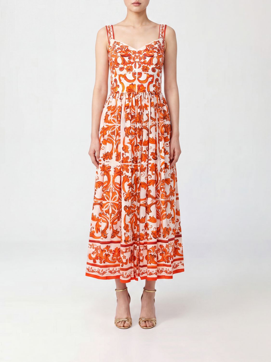 DOLCE & GABBANA Abito midi in cotone con stampa Maioliche e spalle scoperte
