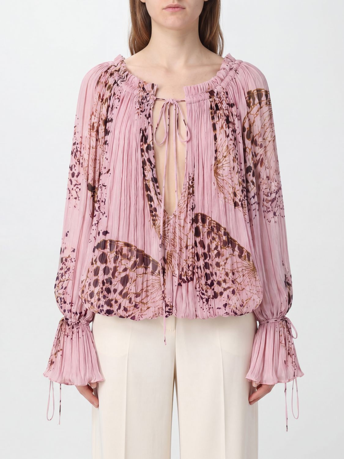 BLUMARINE Blusa plissettata in georgette con stampa animalier e scollo a V