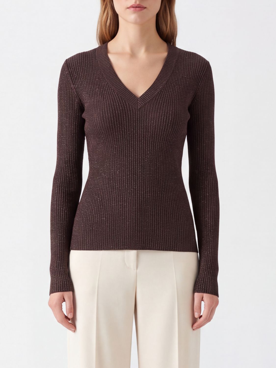 LIU JO Maglia slim fit a coste con scollo a V e filato laminato