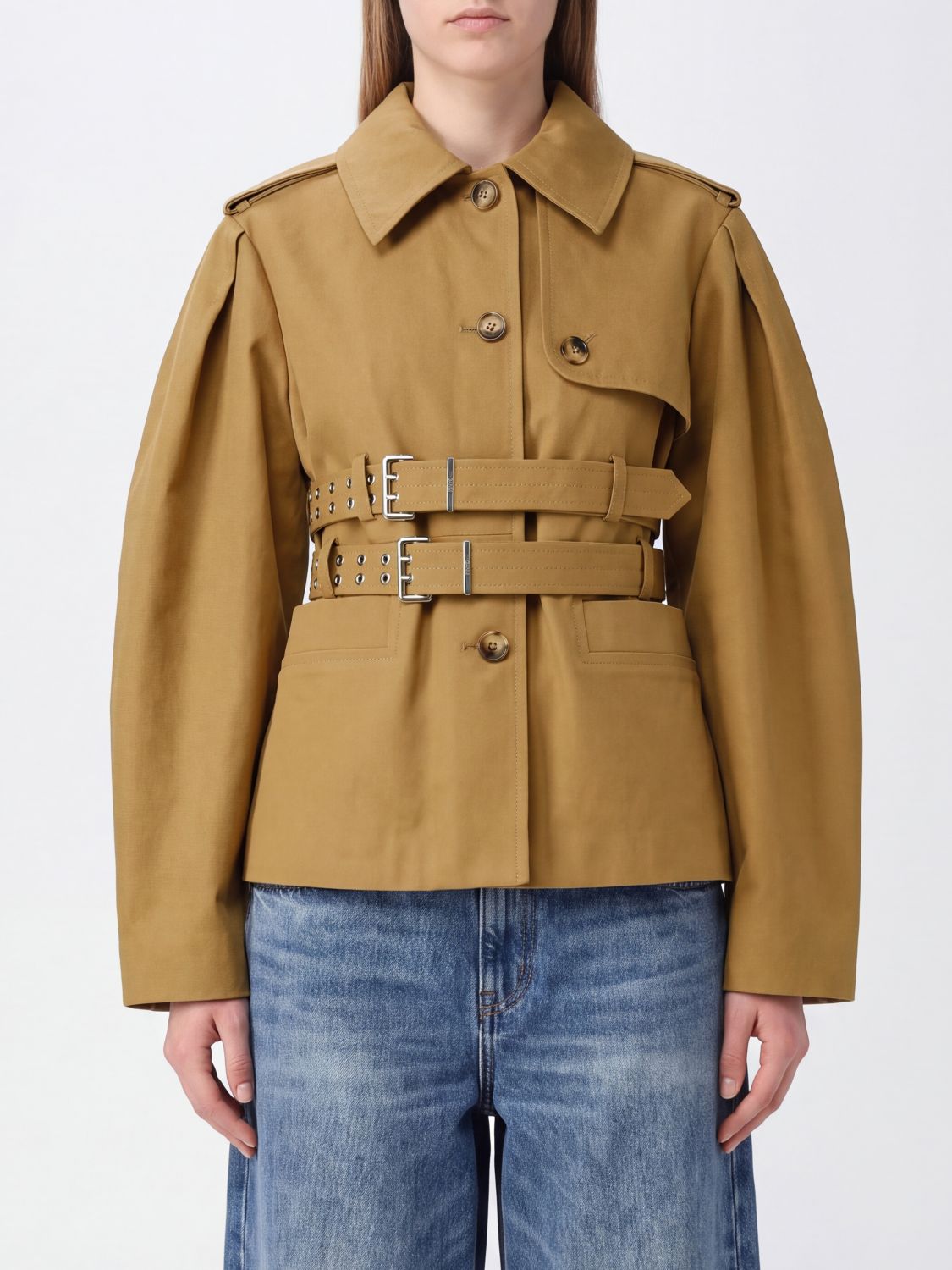 GANNI Water-Repellent Cotton Short Trench Coat with Belt GANNI Water-Repellent Cotton Short Trench Coat with Belt