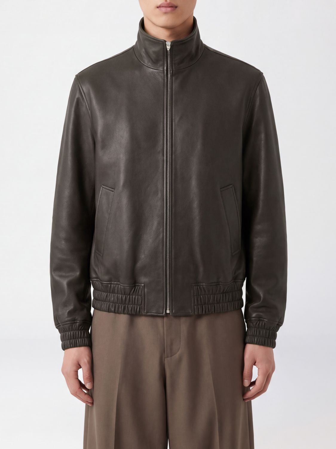 Valentino Garavani Lambskin Leather Bomber Jacket with High Collar