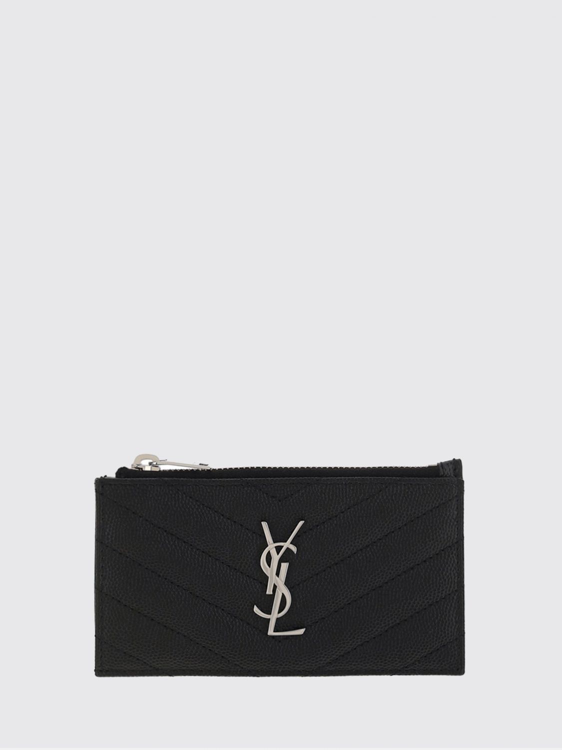 SAINT LAURENT Grain de Poudre Leather Card Holder with Chevron Pattern and YSL Logo
