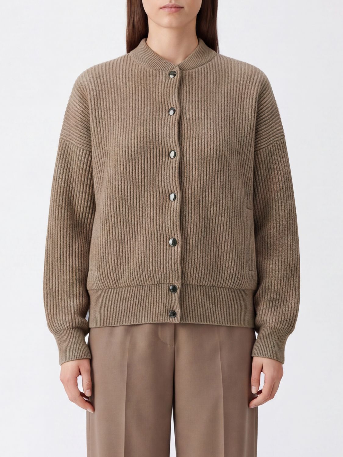 BRUNELLO CUCINELLI Pure Cashmere Cardigan with Bomber Collar and Slit Pockets