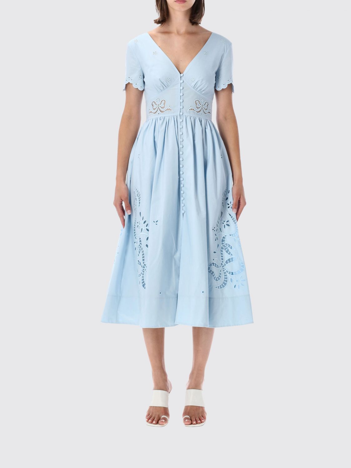 SELF-PORTRAIT A-Line Midi Dress in Embroidered Cotton with Lace Inserts SELF-PORTRAIT
