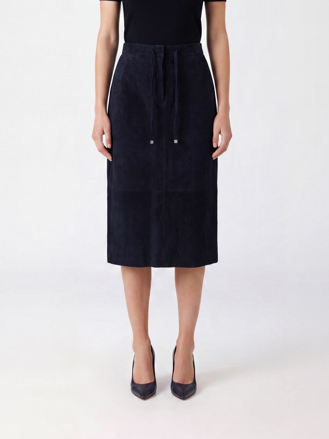 'S Max Mara A-Line Midi Skirt in Suede Leather with Drawstring Waist