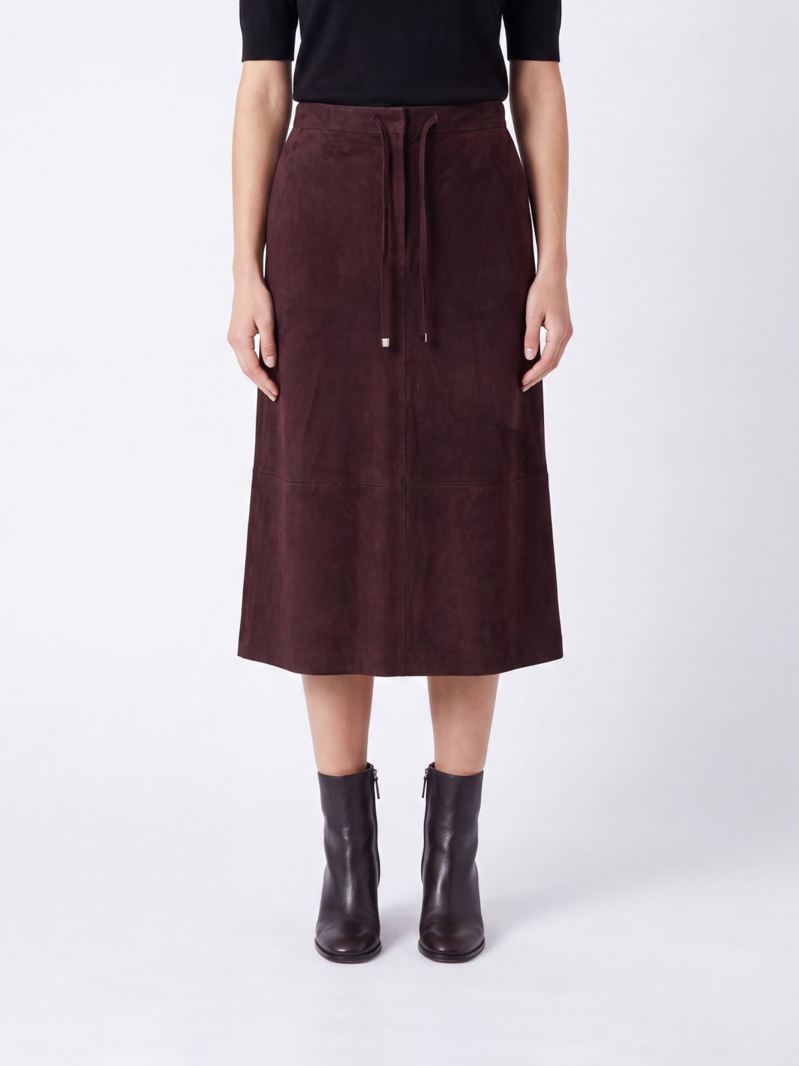 'S Max Mara A-Line Midi Skirt in Suede Leather with Drawstring Waist