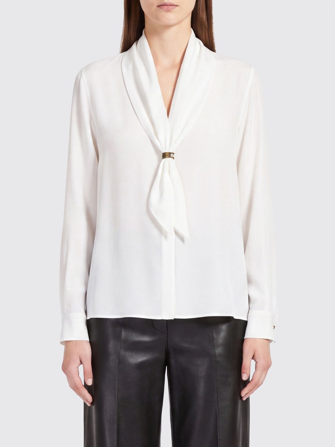 MAX MARA Pussy-Bow Silk Shirt with Long Sleeves