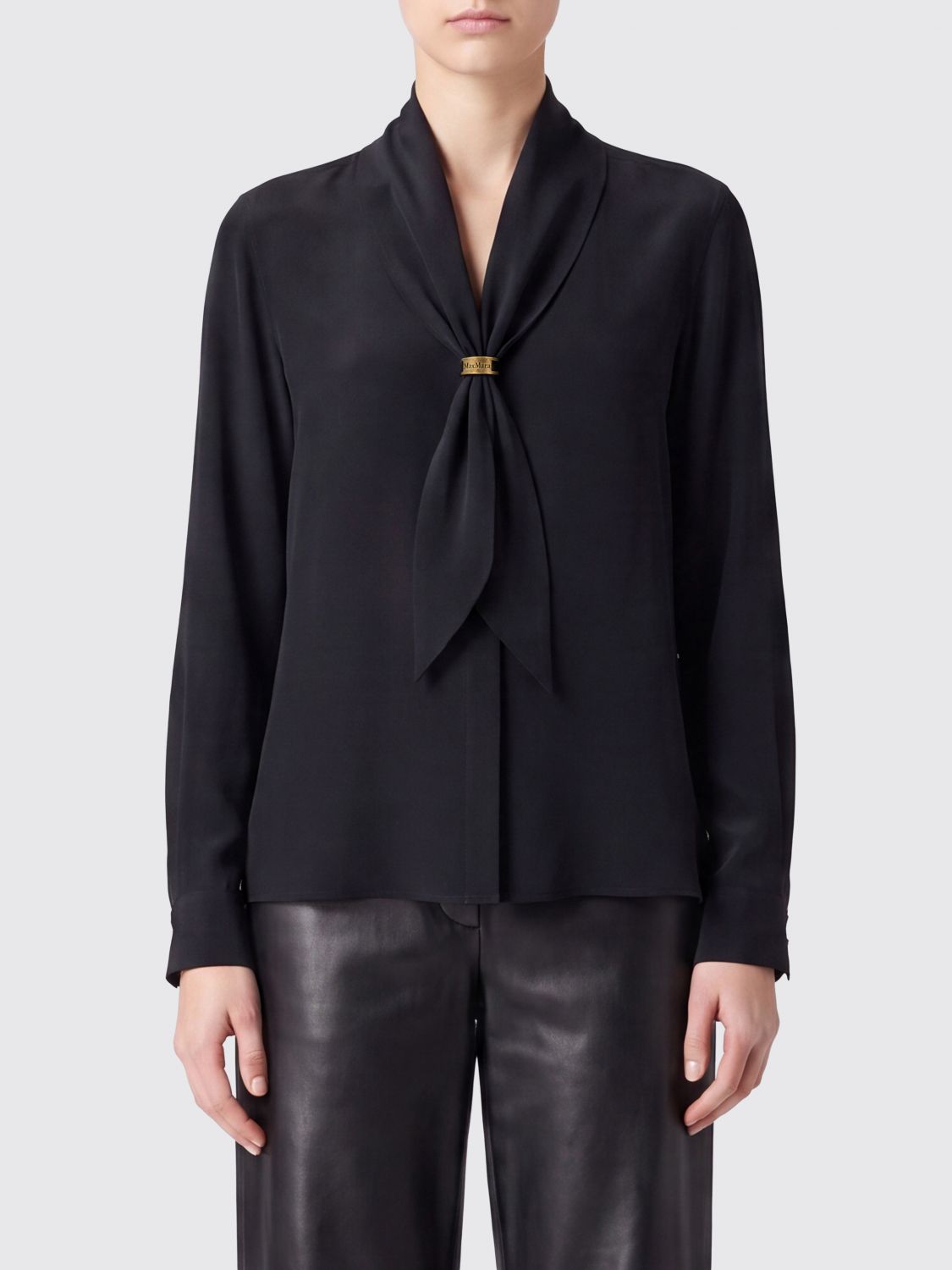 MAX MARA Pussy-Bow Silk Shirt with Long Sleeves