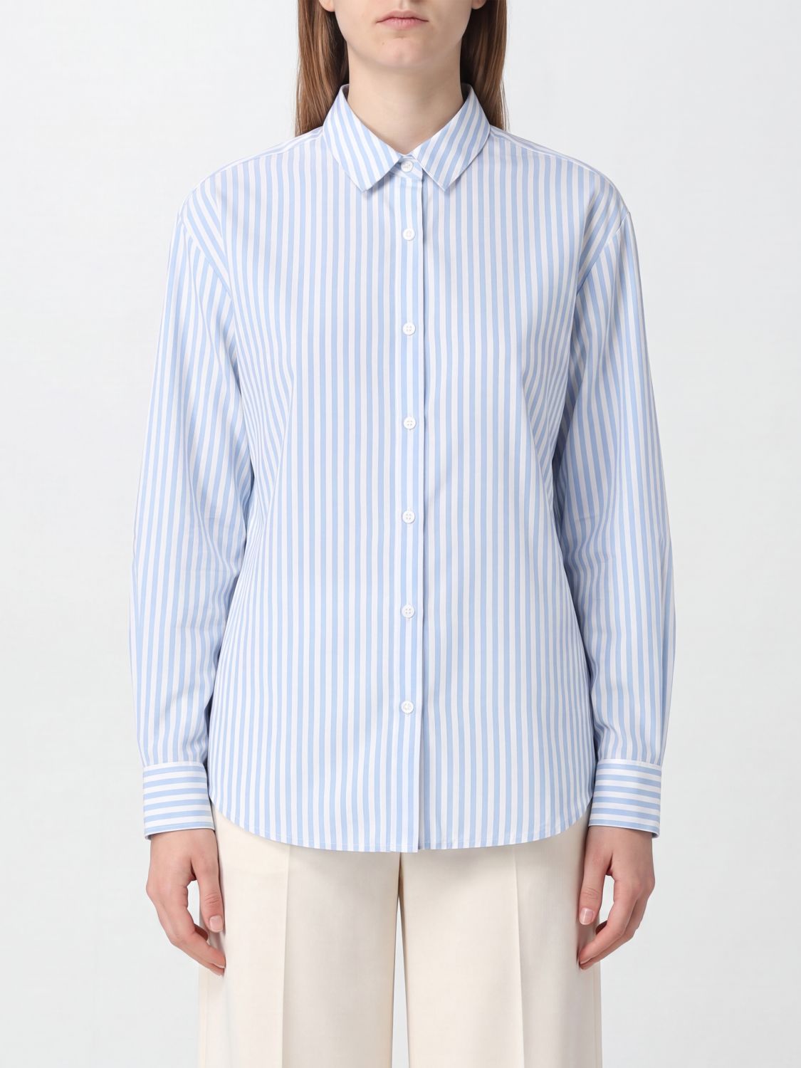 Mc2 Saint Barth Striped Cotton Shirt with Long Sleeves and a Curved Hem