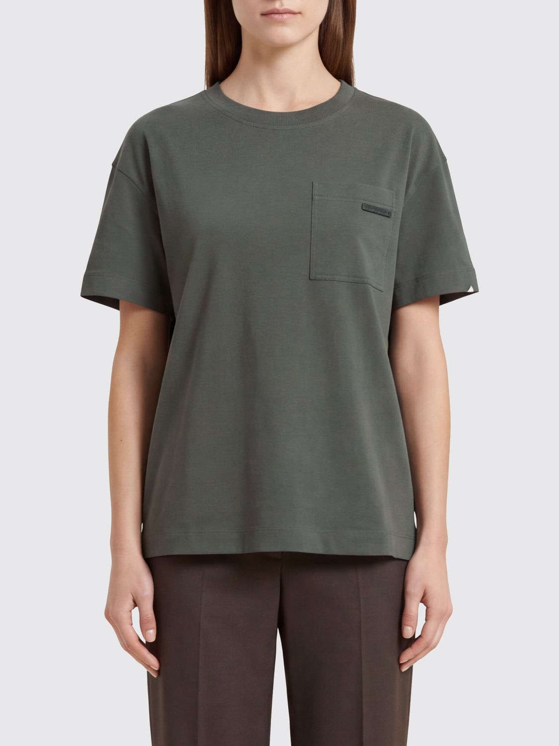 BRUNELLO CUCINELLI Cotton Crewneck T-shirt with Pocket and Monili Embellishment