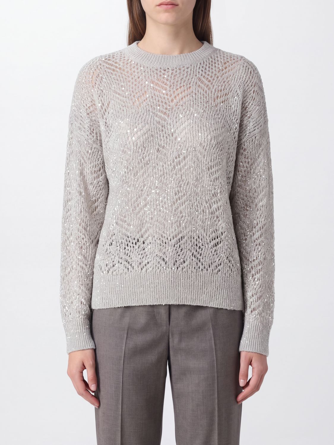 Brunello Cucinelli Crew Neck Jumper in Openwork Mohair with Long Sleeves