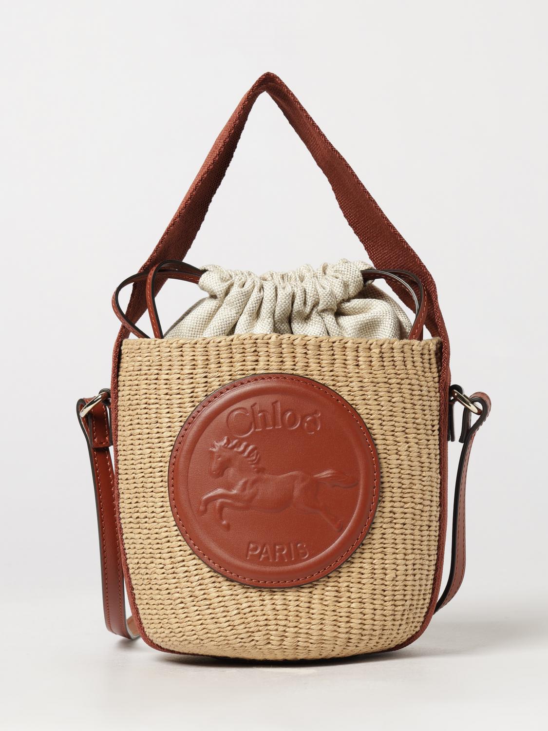 CHLOÉ Horse Medal Mini Bucket Bag in Two-Colour Raffia with Shoulder Strap