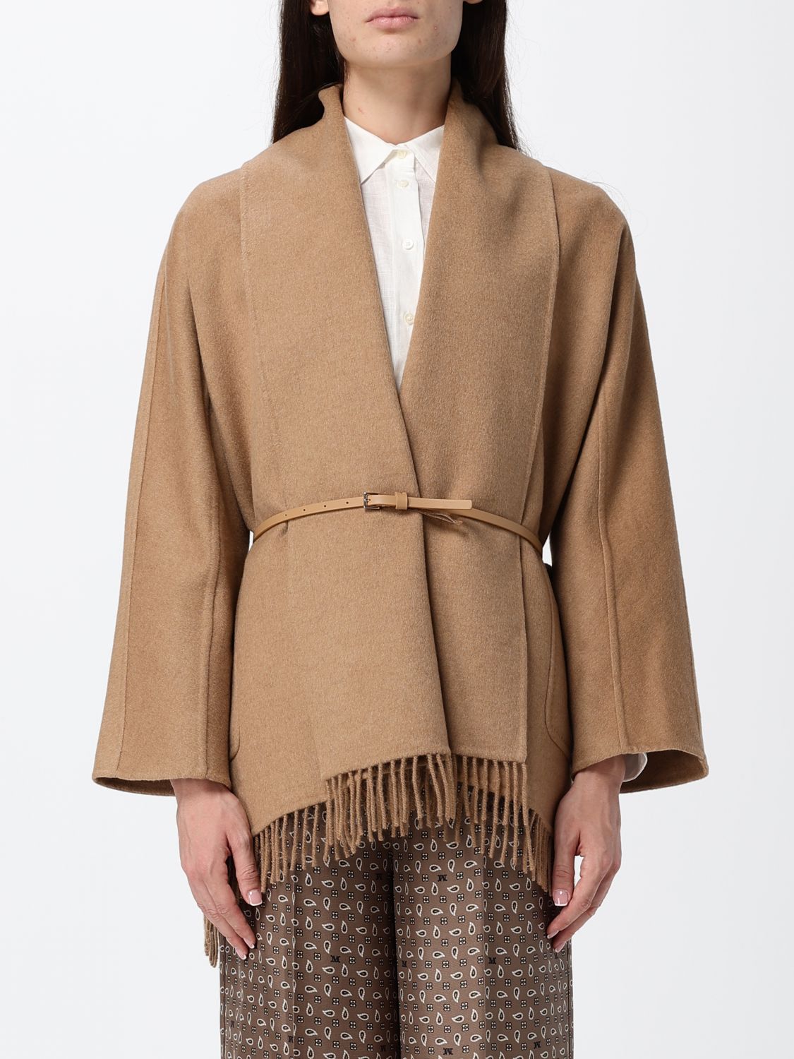 MAX MARA Short Pure Wool Cape with Shawl Collar and Fringes