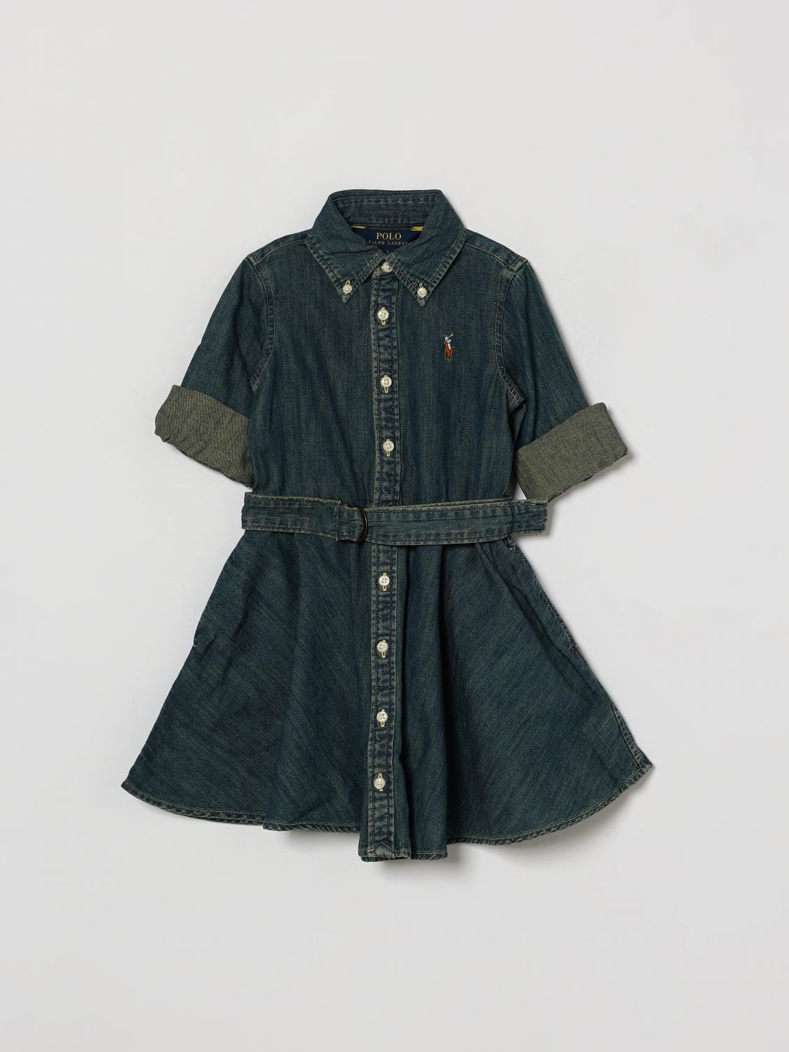 POLO RALPH LAUREN Jeans-Hemdblusenkleid für Mädchen mit verstellbarem Gürtel