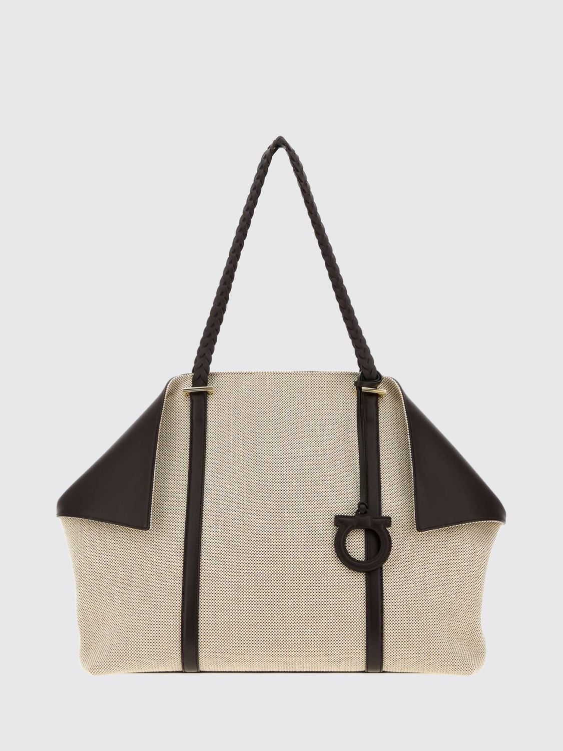 FERRAGAMO Scarf Gancini Logo Canvas and Leather Tote Bag