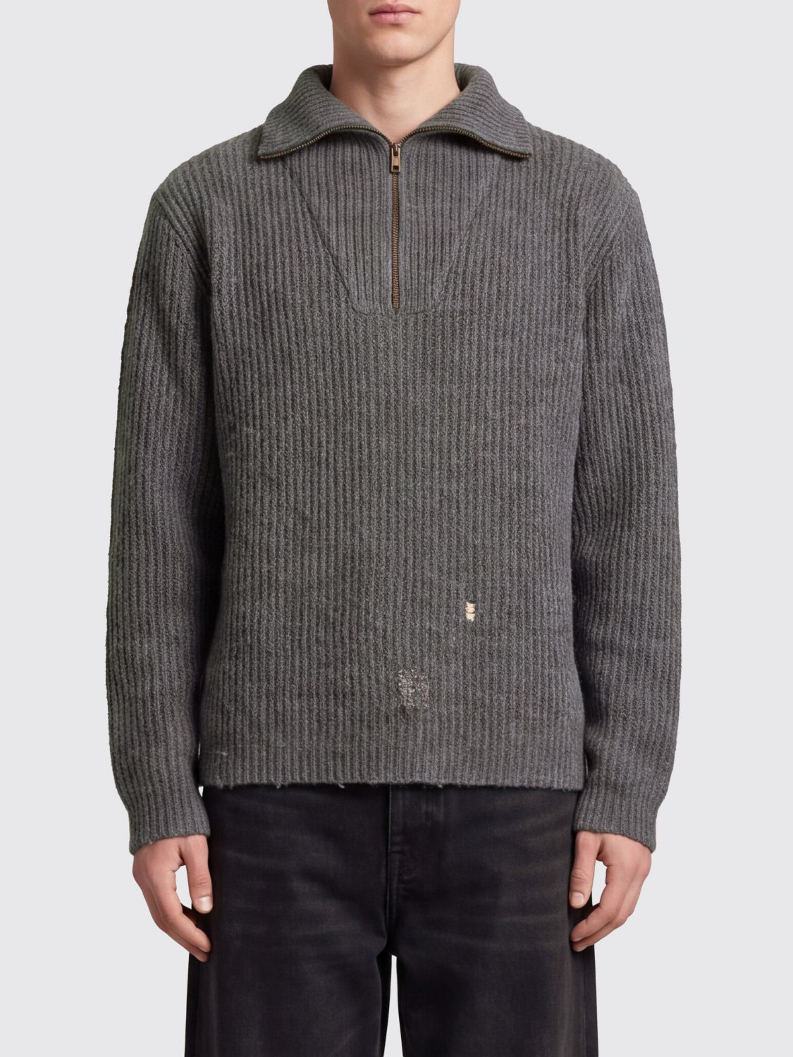 MAISON MARGIELA Linen and Wool High Neck Jumper with Zip and Distressed Effect