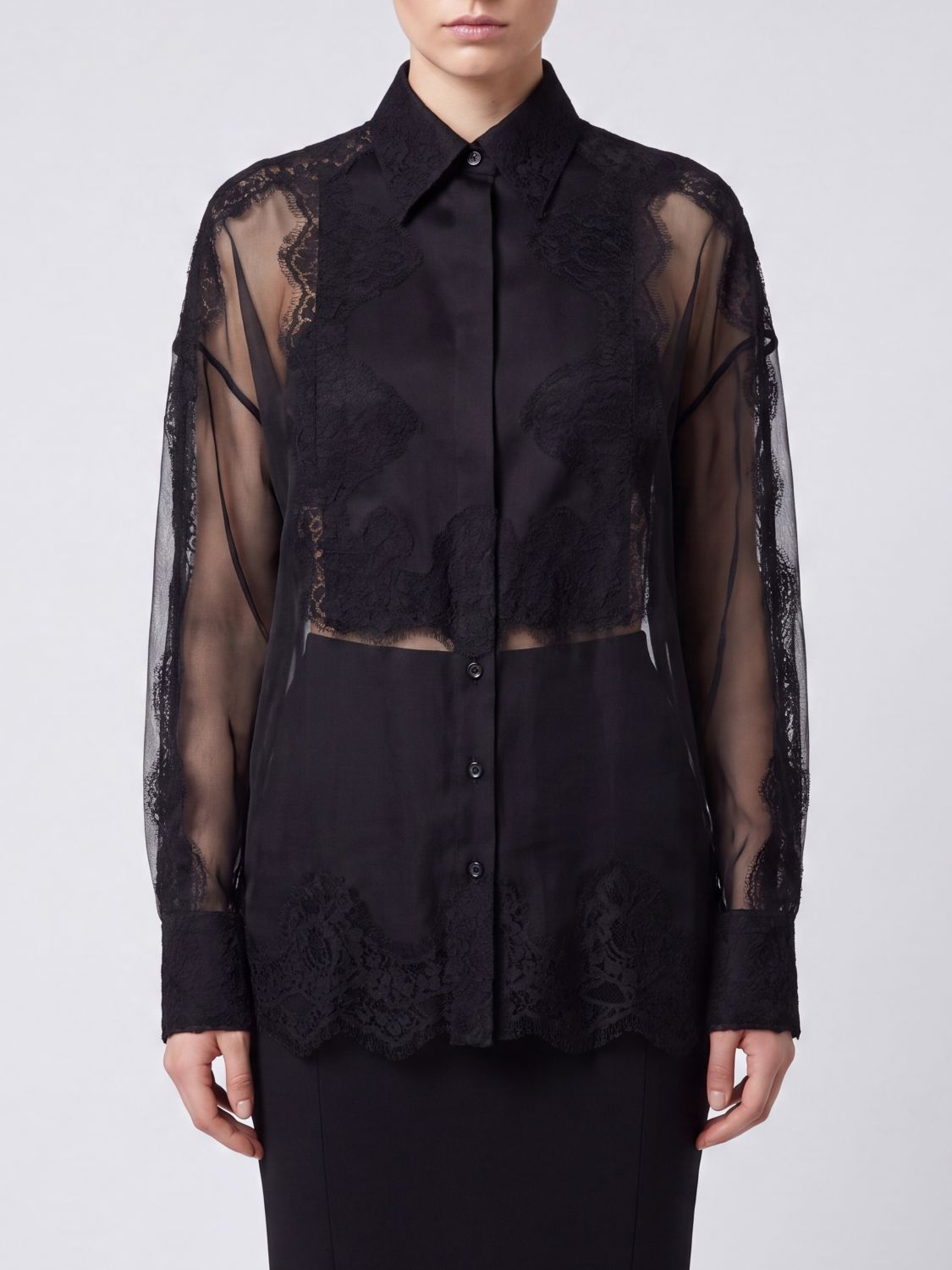 DOLCE & GABBANA Silk and Lace Shirt with Plastron Bib and Classic Collar