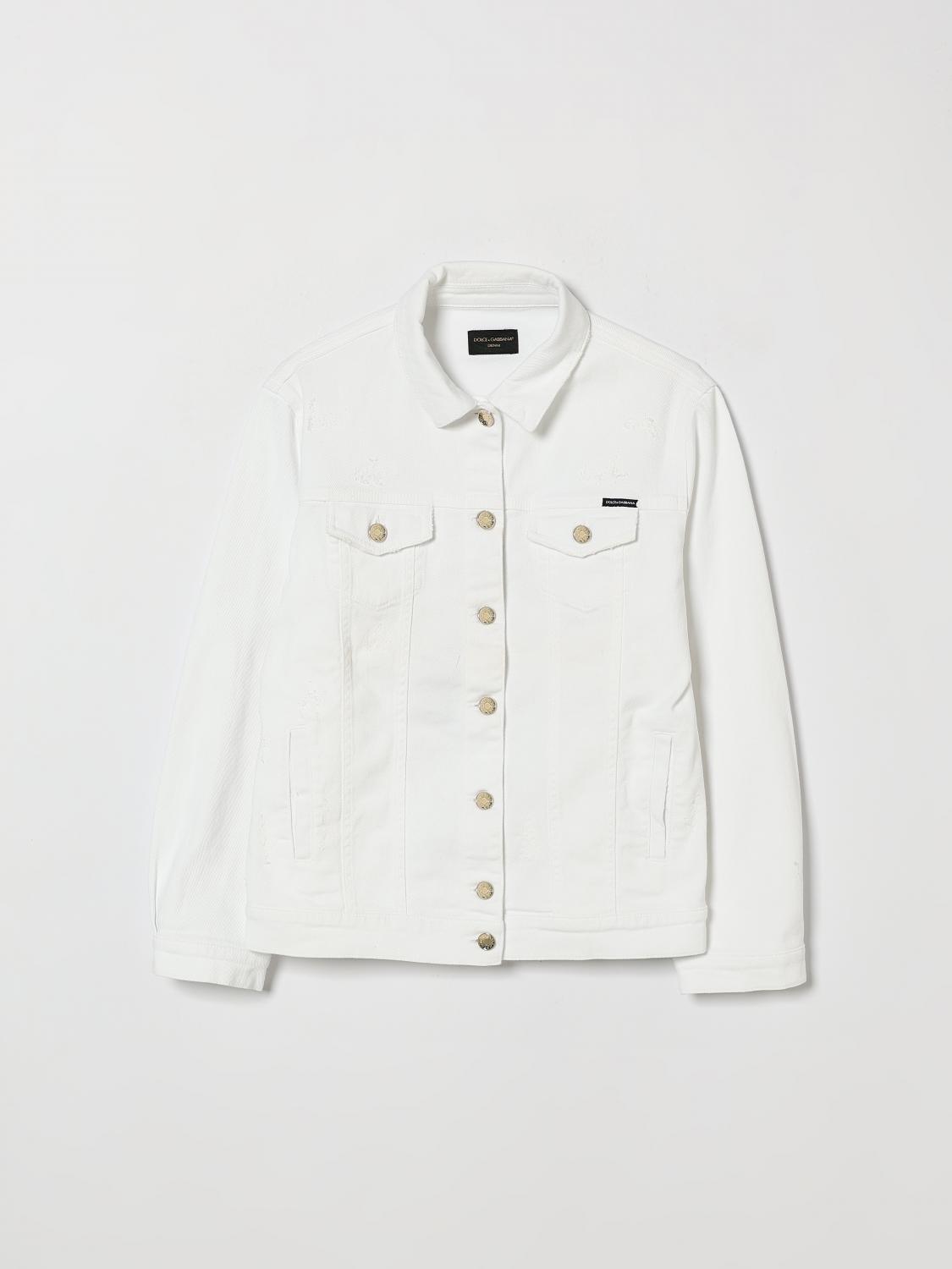 DOLCE & GABBANA Boy's White Cotton Denim Shirt Jacket with Logo Detail
