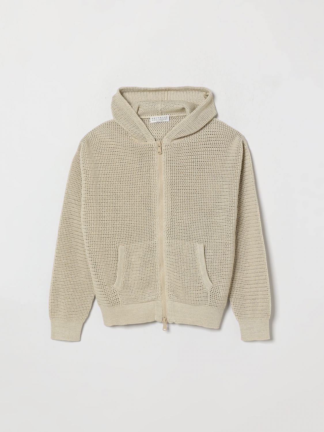 BRUNELLO CUCINELLI Boy's Mesh Cotton Hooded Sweatshirt with Zip　BRUNELLO CUCINELLI ボーイズ メッシュ コットン フード付き スウェットシャツ ジップ付き BRUNELLO