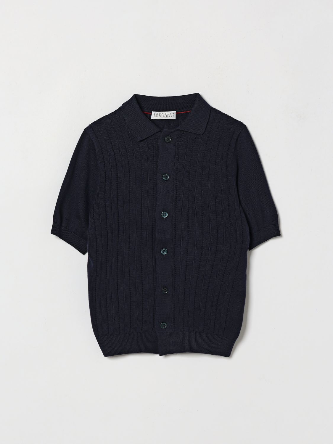 BRUNELLO CUCINELLI Kurzärmeliges geripptes Baumwoll-Strick-Poloshirt für Jungen