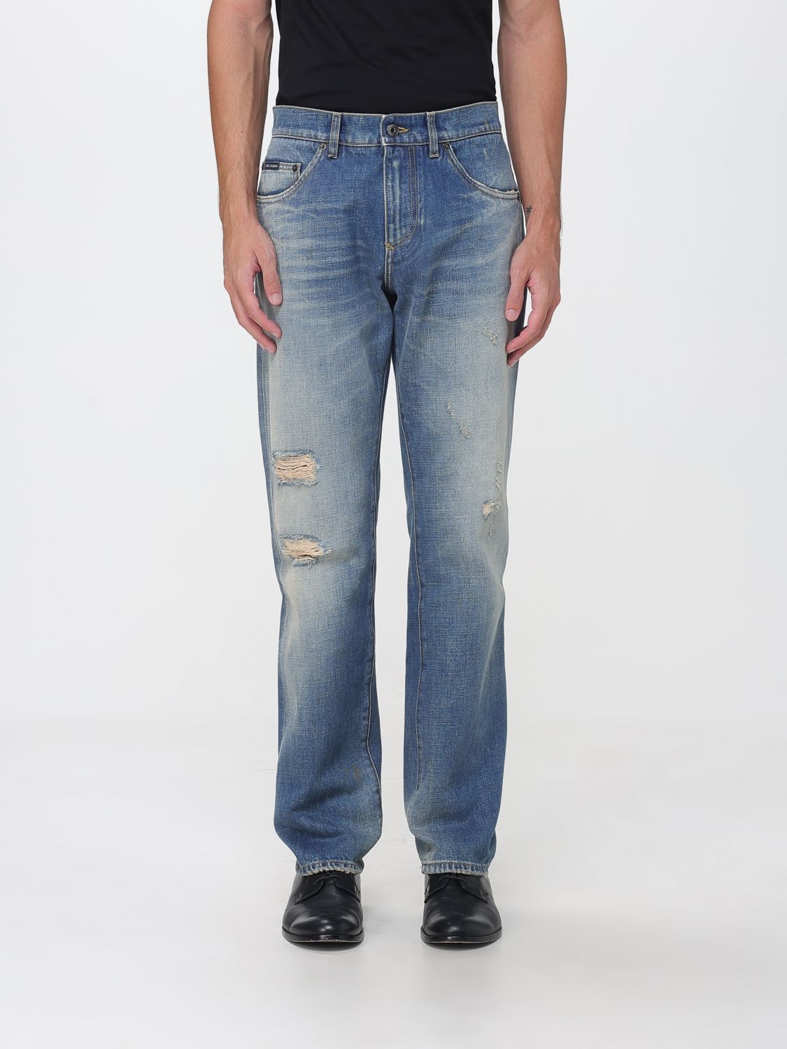 DOLCE & GABBANA Straight Fit Mid-Rise Distressed Denim Jeans with Worn Effect