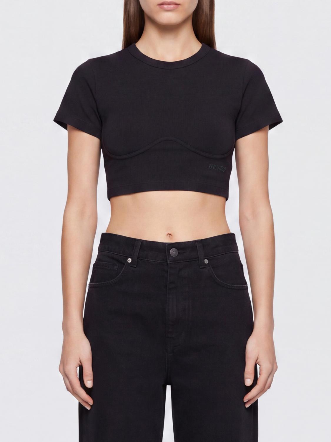 THE ATTICO T-shirt cropped in cotone stile corsetto con logo ricamato