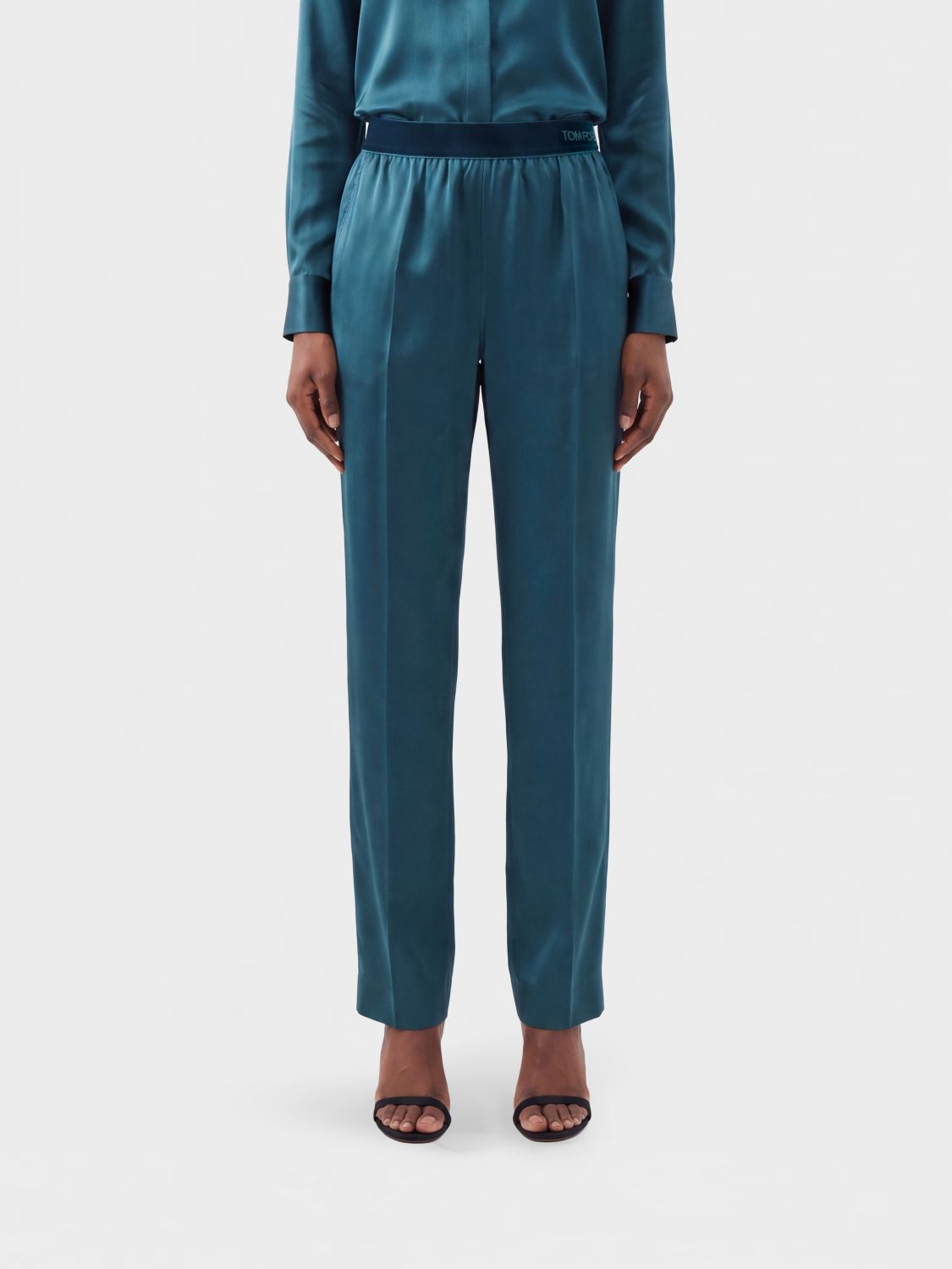 TOM FORD Slim Fit Silk Trousers with Logo Waistband