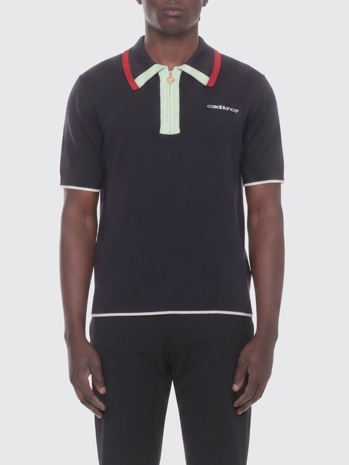 CASABLANCA Slim Fit Zipped Wool Knit Polo Shirt with Contrast Trims