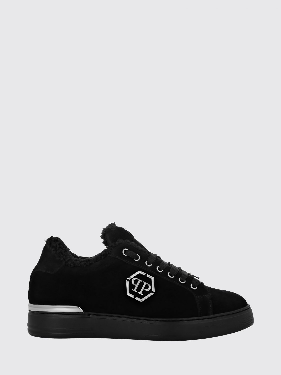 PHILIPP PLEIN Low-Top Leather and Suede Sneakers with Hexagon Logo and Shearling Lining
