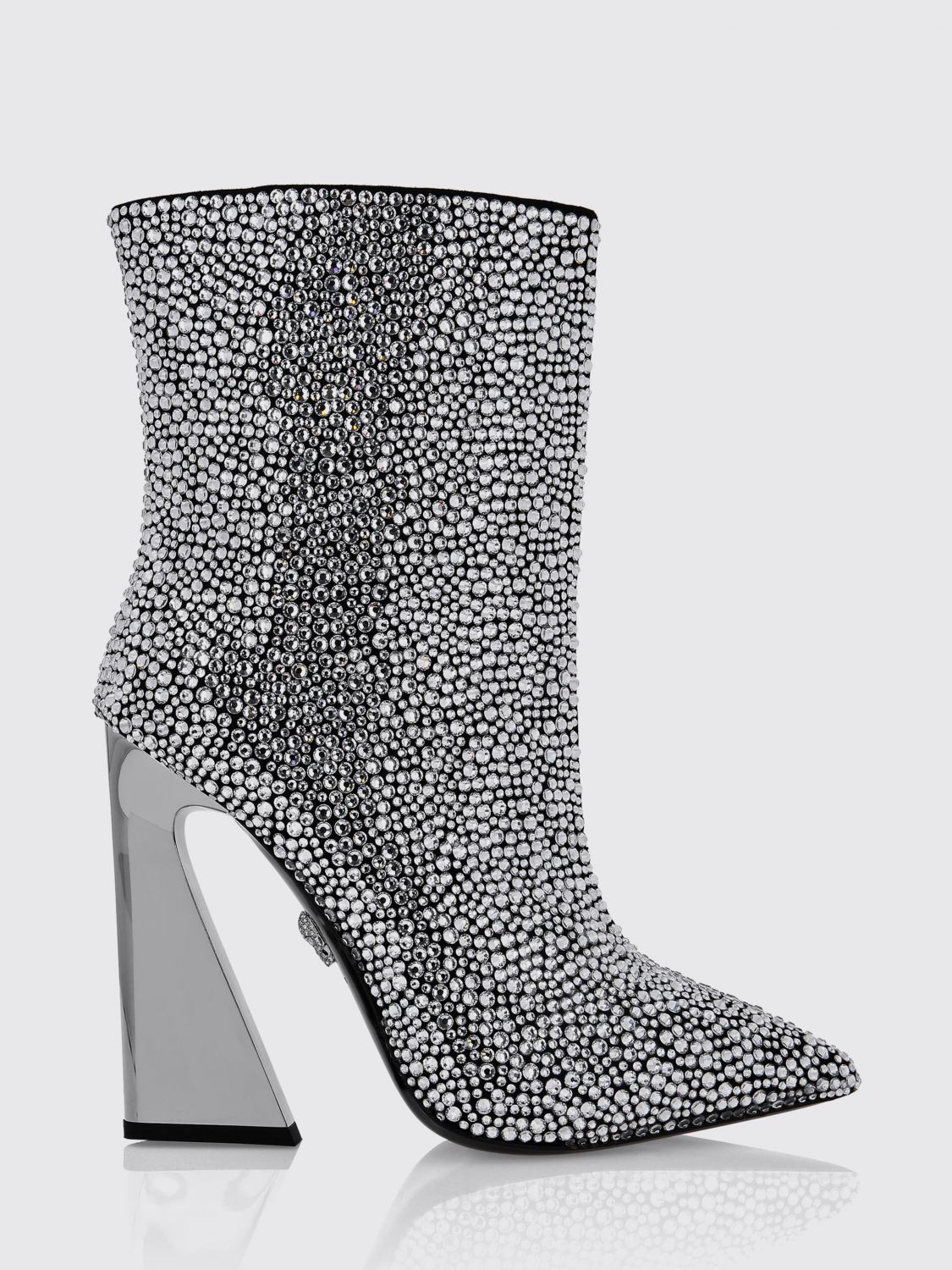PHILIPP PLEIN Almond-Toe Leather Ankle Boots with Swarovski Crystals and High Heels