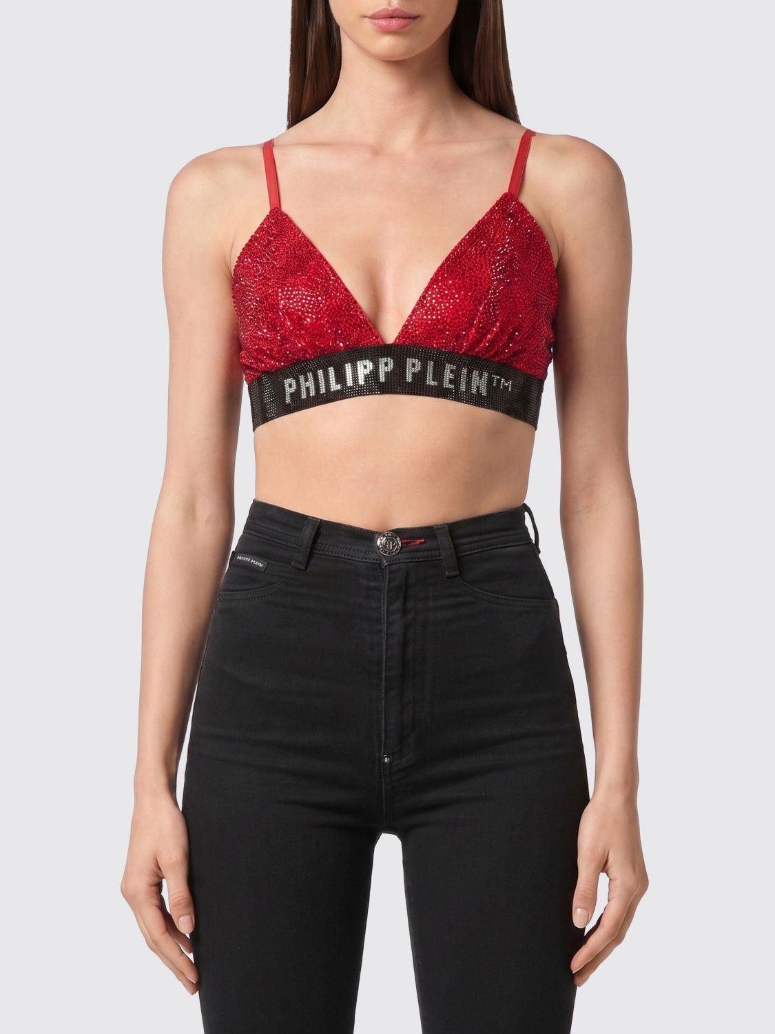 PHILIPP PLEIN Top bralette cropped in jersey con logo di strass