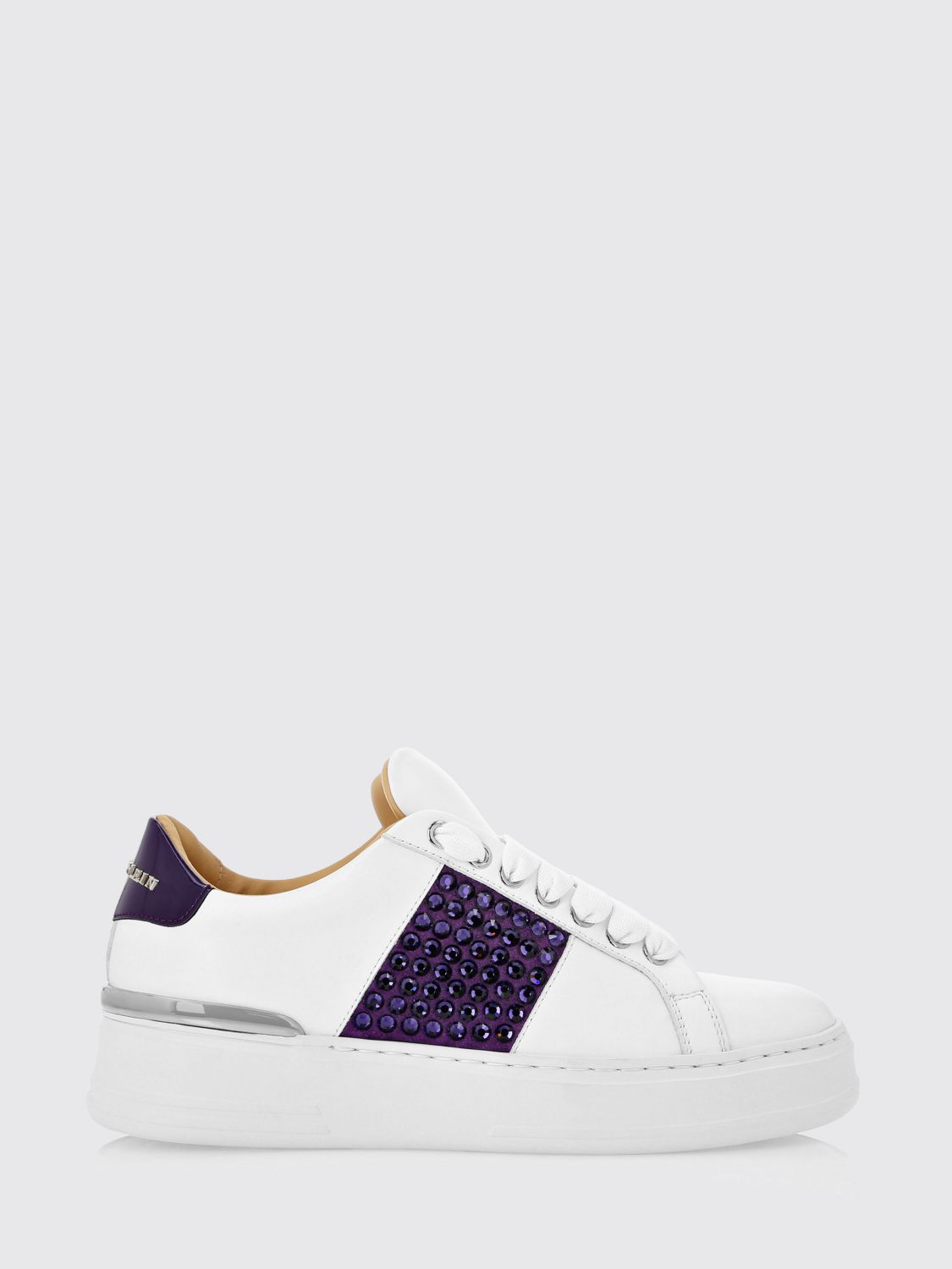 PHILIPP PLEIN Leather Low-Top Sneakers with Rhinestones and Abstract Embroidery