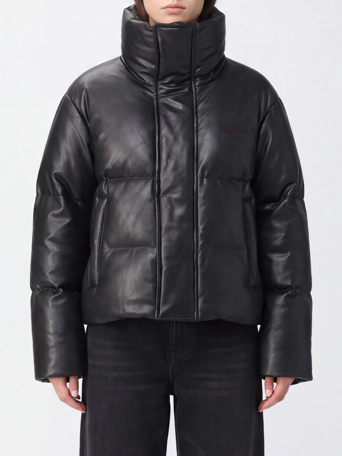 Mm6 Maison Margiela Padded Short Jacket in Synthetic Leather with Funnel Neck